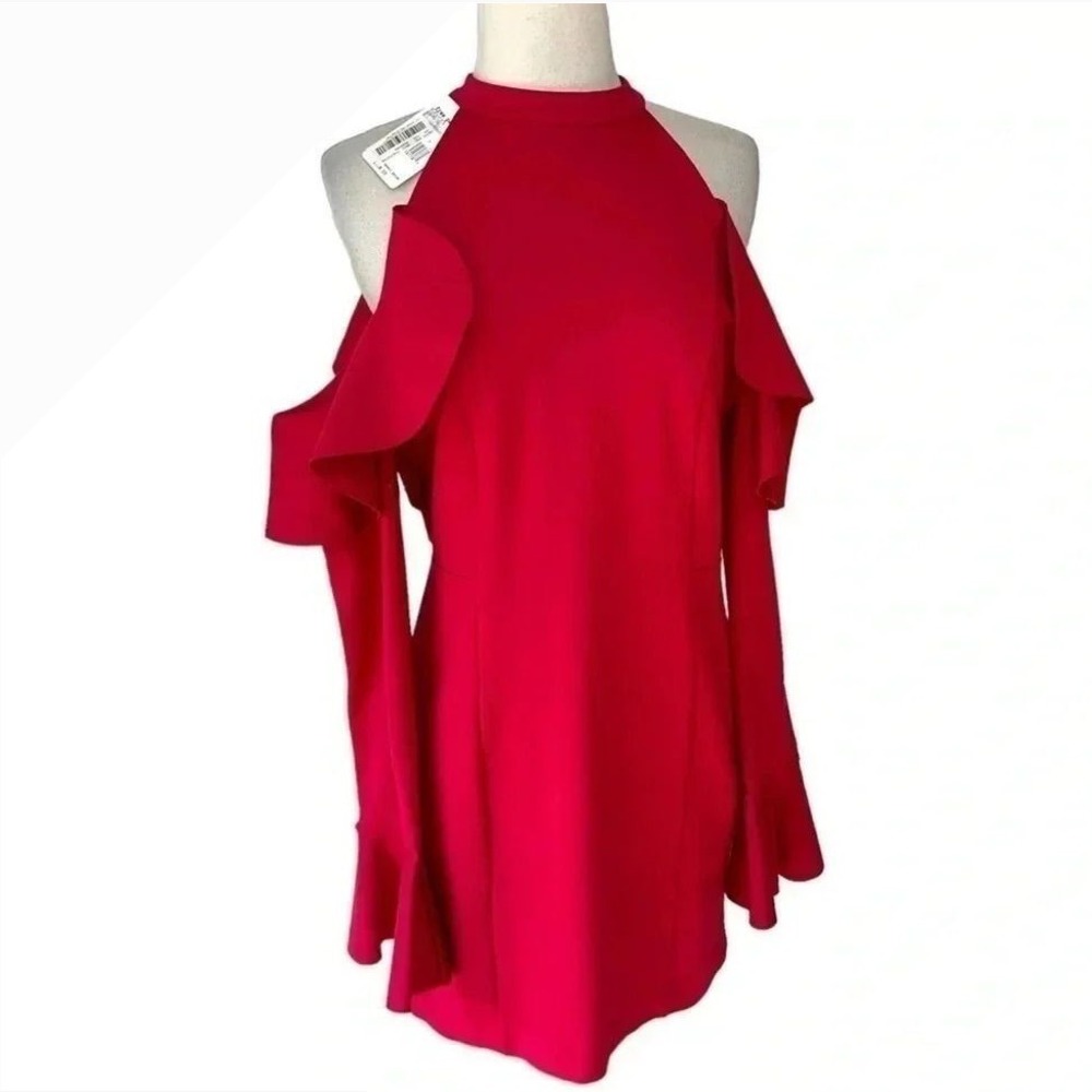Free People Red Cold Shoulder Ruffle Sleeve Mock Neck Mini Dress Size M NEW
